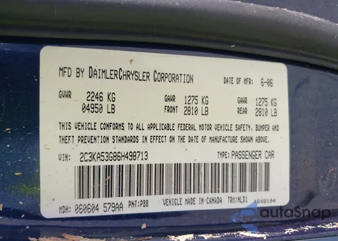 2006 Chrysler 300 Touring from USA, damaged, VIN 2C3KA53G86H498713